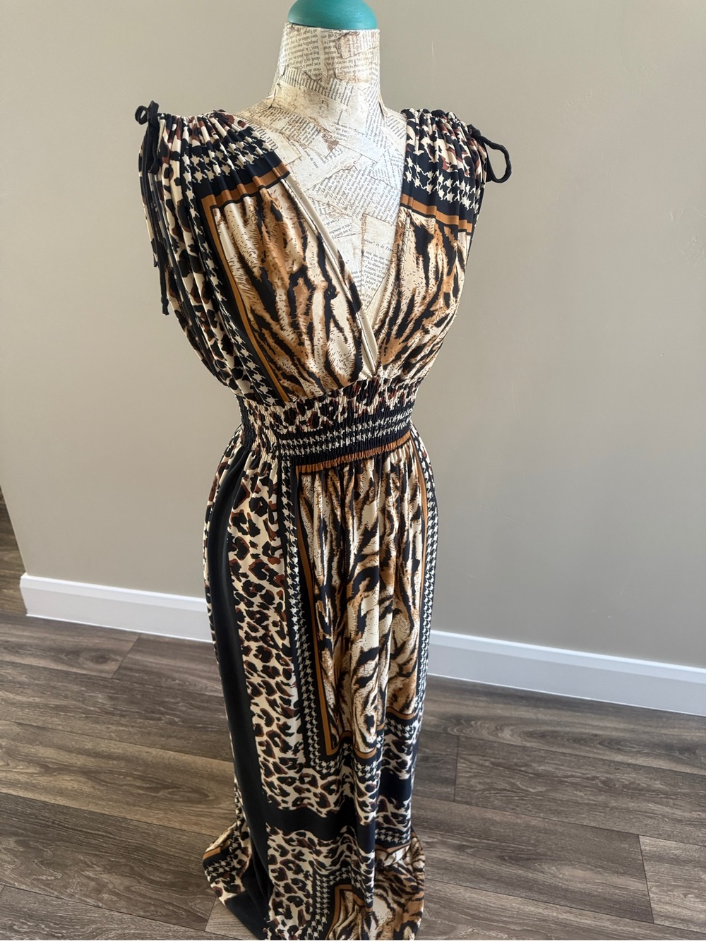 Sleeveless Animal Print Maxi Swim Coverup in Brown and Black